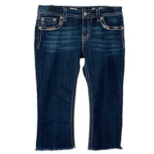 Miss Me Mid Rise Easy‎ Cropped Blue Jeans Embellished Rhinestone Pockets Size 30